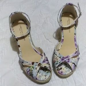 Cream floral wedges & purse for sale